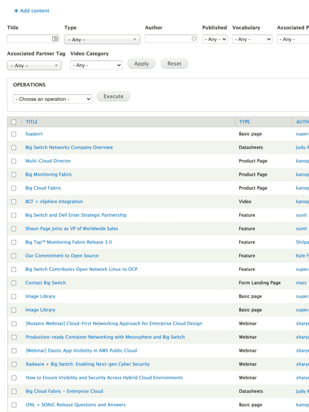 Admin content management set-up on Big Switch