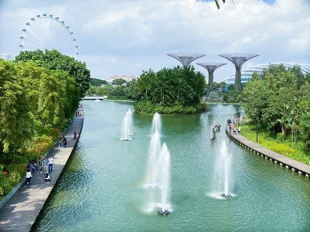 Fountains in a pond at Gardens by the Bay, one of the things to do in Singapore on a budget