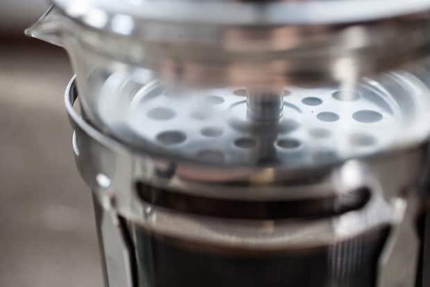 Closeup of the filter and plunger on a French press