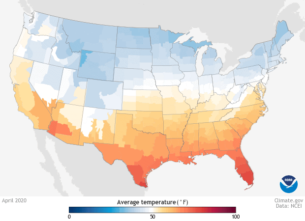 This map shows the average monthly temperature in the United States for April 2020 is an example of a GIS dataset that is continuous. Map: NOAA.