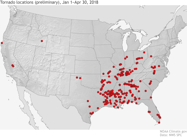 Map showing tornado locations between January 1 and April 30, 2018. Map: NOAA.