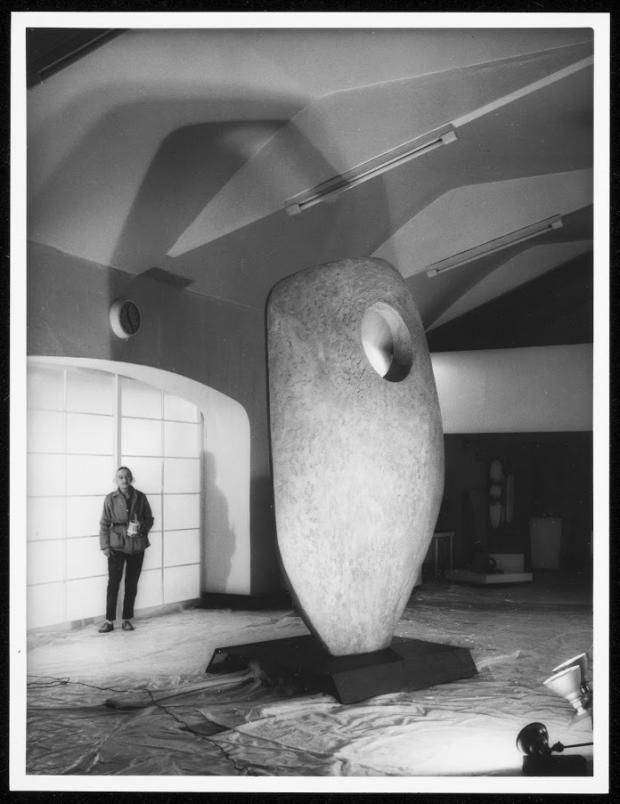 Sculptor Barbara Hepworth with the prototype for Single Form (Memorial) in the Palais de Danse, 1962. Photograph by Studio St Ives.
Courtesy Bowness. Barbara Hepworth © Bowness.