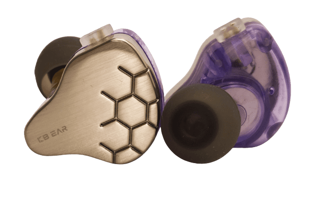 Image shows the earphones back to back to show both mauve and zinc sections.