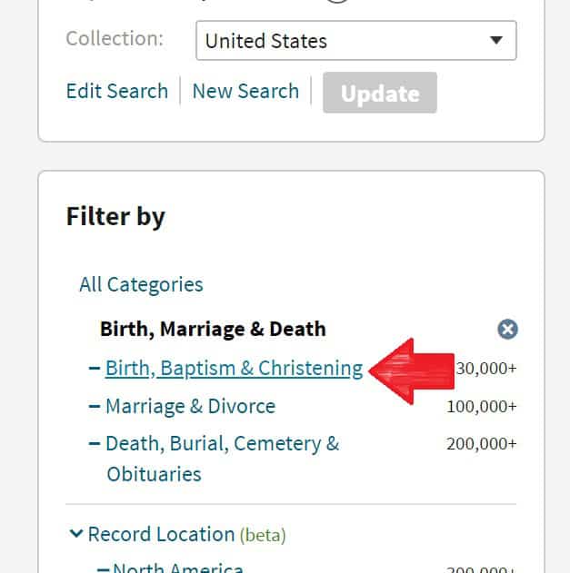 The red arrow indicates that you can click directly below the Birth Marriage & Death category to filter out only birth, baptism and christening records