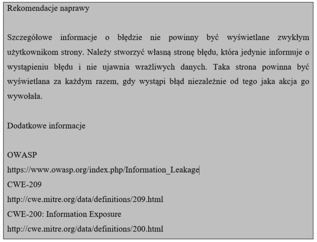 przykładowa rekomendacja dotycząca błędu polegającego na wyświetlaniu szczegółowych informacji o błędzie