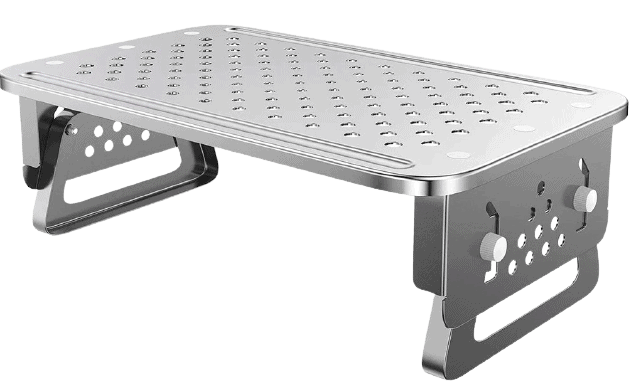 Image shows a monitor stand in a built finish. The stand is black in colour.