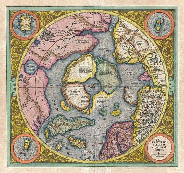 Mercator's 1606 map of the North Pole. Mercator believed the North Pole to be a large magnetic black rock, the Rupes Nigra. Mercator wrote to Englishman John Dee, "In the midst of the four countries is a Whirl-pool, into which there empty these four indrawing Seas which divide the North. And the water rushes round and descends into the Earth just as if one were pouring it through a filter funnel. It is four degrees wide on every side of the Pole, that is to say eight degrees altogether. Except that right under the Pole there lies a bare Rock in the midst of the Sea. Its circumference is almost 33 French miles, and it is all of magnetic Stone."