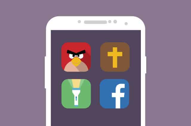 worst-apps The Angry Birds, Holy Bible, Facebook,and Flashlight app icons.