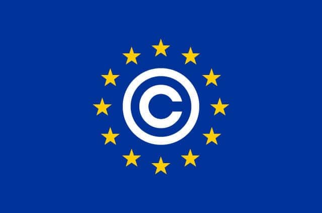 eu-copyright-directive A copyright symbol surrounded by yellow stars on a blue background