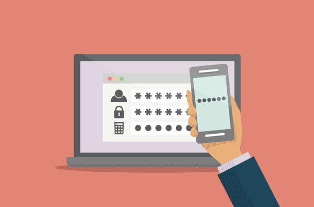 why-use-2fa An illustration of a laptop with password fields with asterisks. However, in front of the laptop is a hand holding a phone. The phone has open some kind of 2FA app. Nice.