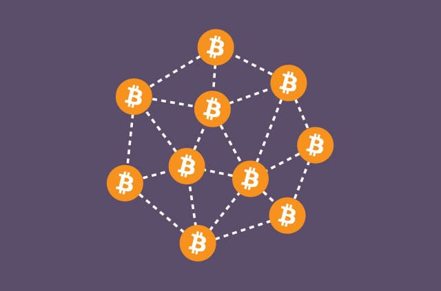 what-is-a-bitcoin-node Numerous Bitcoin logos daisy-chained together.