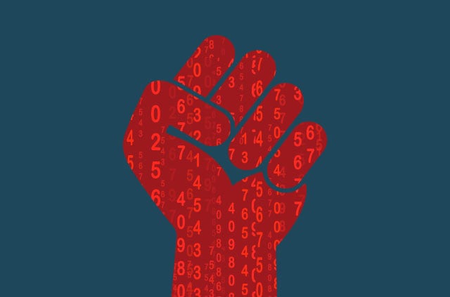 activism-protect-privacy-security Red fist with cascadings numbers.