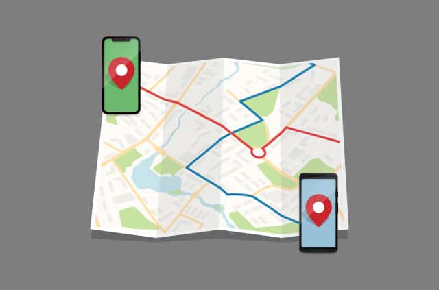 apple-google-contact-tracing-location Two phones on a map with lines intersecting from them.