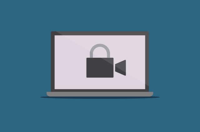 secure-video-conferencing Laptop with a video camera icon with a lock on it.