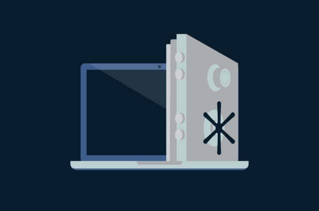 stalking-and-doxing A laptop with a safe door halfway open.
