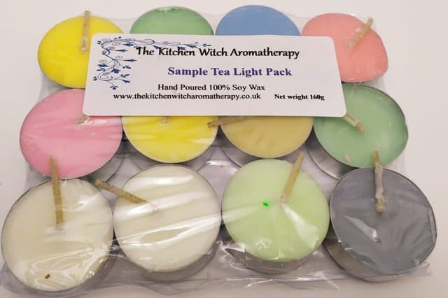 Image shows the tealight candles in their plastic packaging.