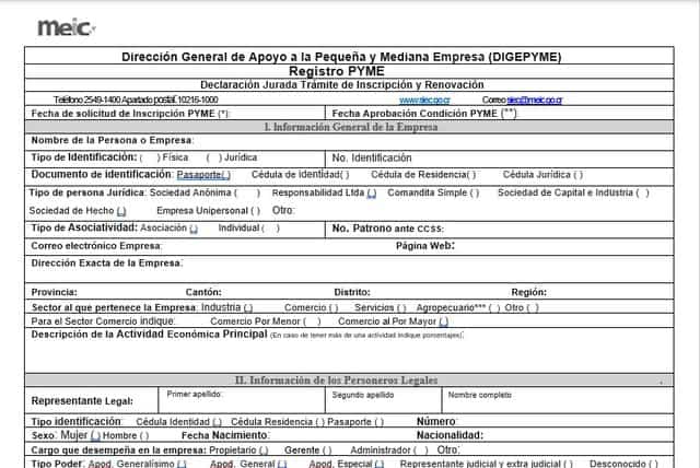 Formulario para registro PYME en el MEIC
