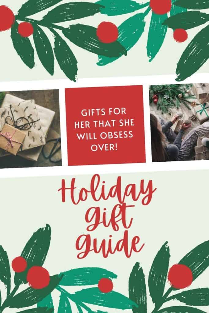 These gifts for her will have her jumping for joy. The image has green leaves and red berries for decoration on top and bottom. There are 2 photos. One shows a stack of gifts wrapped in brown paper with ribbons ties on them. The second shows a woman sitting down in pajamas opening a stack of gifts, there are pine branches and ornaments sown as well.