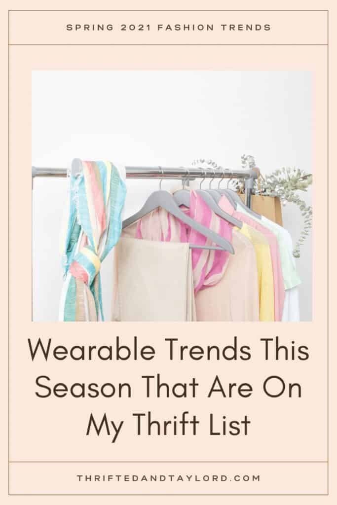 c rack of pastel colored women's clothing, a multi colored scar, and a tote bag with greenery sticking out of it. Pastels inspired by flowers are a big spring fashion trend for 2021.