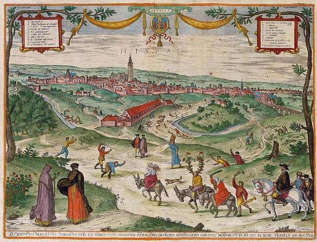 View of Seville (Latin: Hepalis) from 'Civitates Orbis Terrarum' by Joris Hoefnagel.