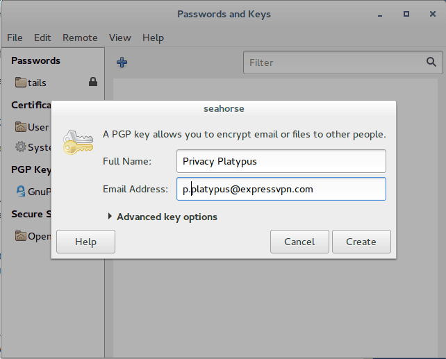 enter a name and email address to create a pgp key