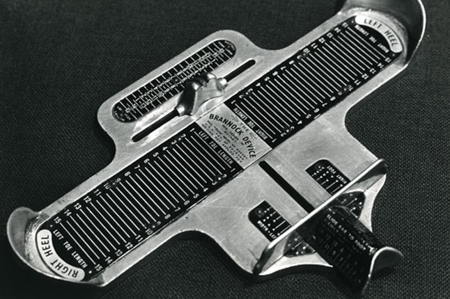 A Brannock device measures the length and widht of the foot, as well as the heel to ball measurement. Picture: