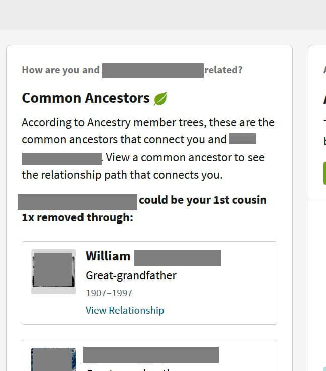 A screenshot of a Common Ancestor hint on the DNA match's profile page. This particular DNA match is my first cousin once-removed, as indicated in the common ancestor hint in the image