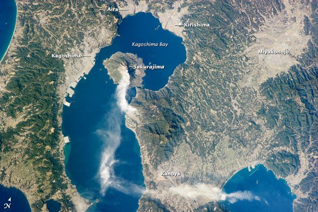 Sakurajima is one of Japan's most active volcanos. A major eruption in 1914 connected it to the mainland of Japan. Image: NASA, taken from the International Space Station.
