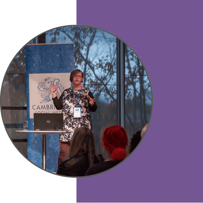 Photo shows Rachel Extance speaking at Cambridge Social Media Day. Photo by Jemima Willcox