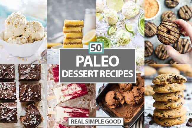 Horizontal collage of various desserts with 50 Paleo Dessert recipes in text overlay in middle