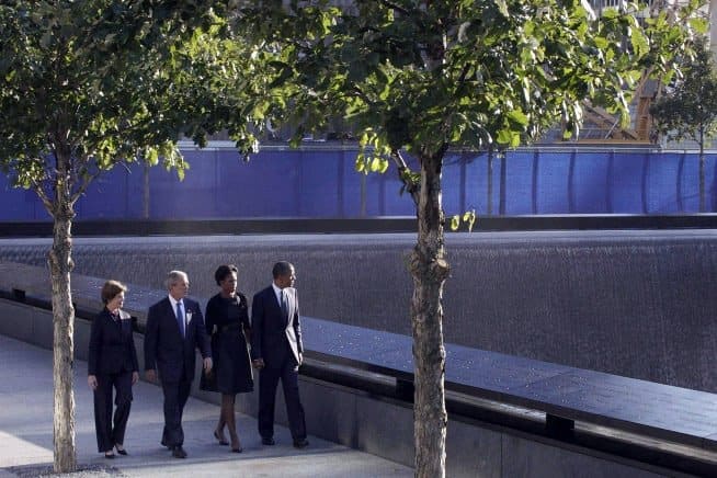 Presidents Obama and Bush with first ladies Micheklle and Laura visit the 9/11 Memorial at Ground Zero President Obama, President Bush and First Ladies Michelle and Laura visit the North Pool at the National September 11 Memorial