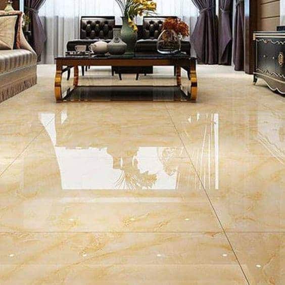 mustard colour vitrified floor for living room with dark brown furniture