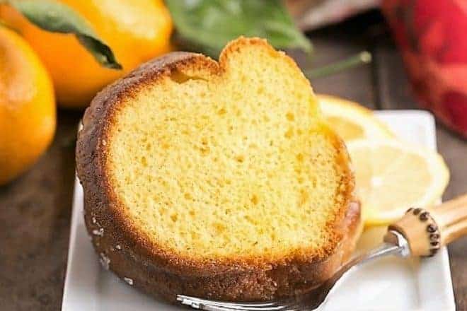 Easy Lemon Bundt Cake on a square ceramic dessert plate