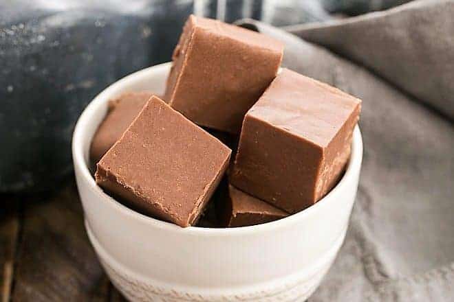 No-Fail chocolate Fudge squares in a white ceramic bowl