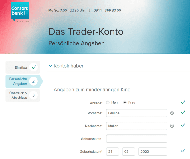Antrag zum Trader Konto für Minderjährige mit persönlichen Angaben Ausfüllen.
