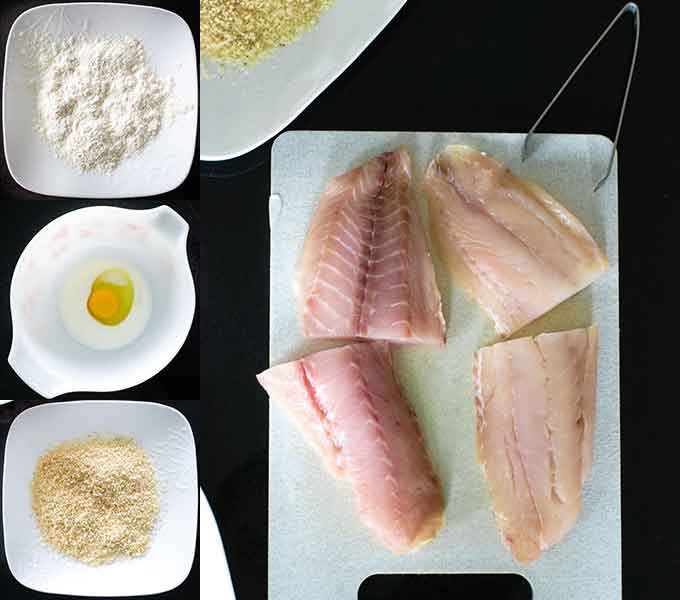 Rockfish fillets set up to dredge in a flour, egg, and panko parmesan crust.