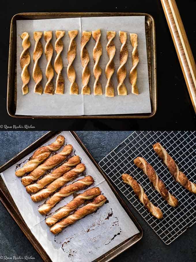 Process shot showing unbaked cinnamon twists on a parchment lined sheet and baked cinnamon twists being transferred to a cooling rack.