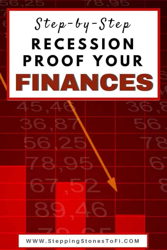 Long Pinterest pin of falling stock market graph and dollar bill with text "6 steps I took to recession proof my finances"