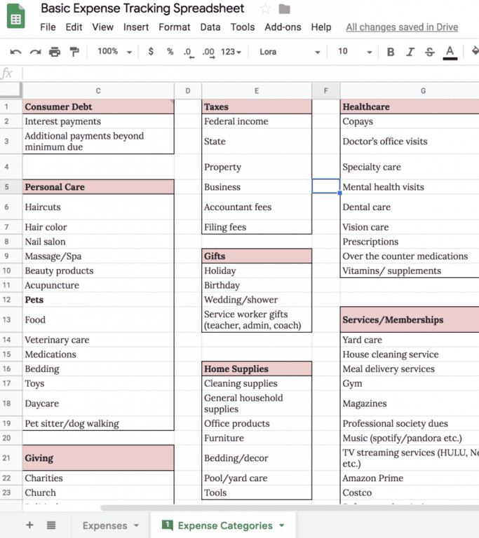 Screenshot of personal expense categories to use when tracking expenses and creating a budget