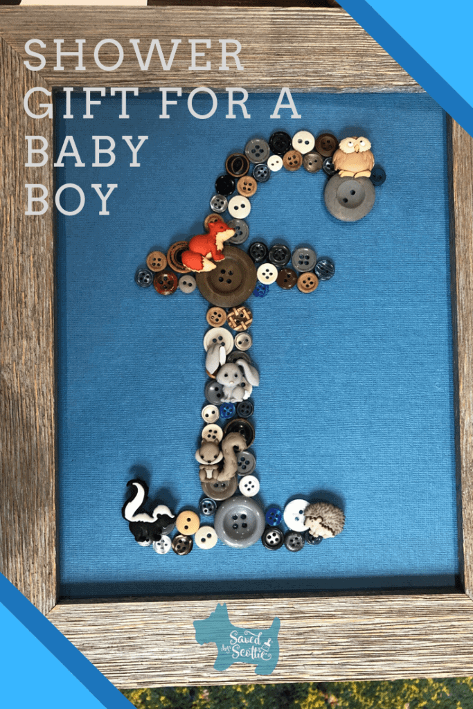 pinnable image of lower case f made with glued buttons and baby animal accent buttons on a blue background with a wood frame.