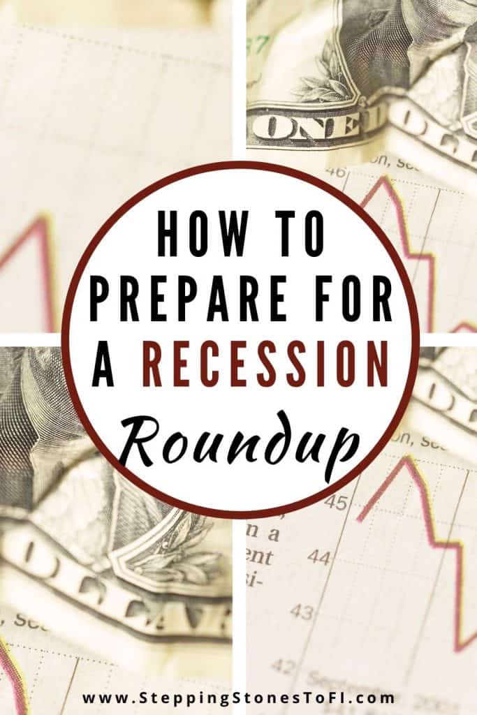 Long Pinterest pin of a dollar bill and falling stock chart with text "How to prepare for a recession - roundup"