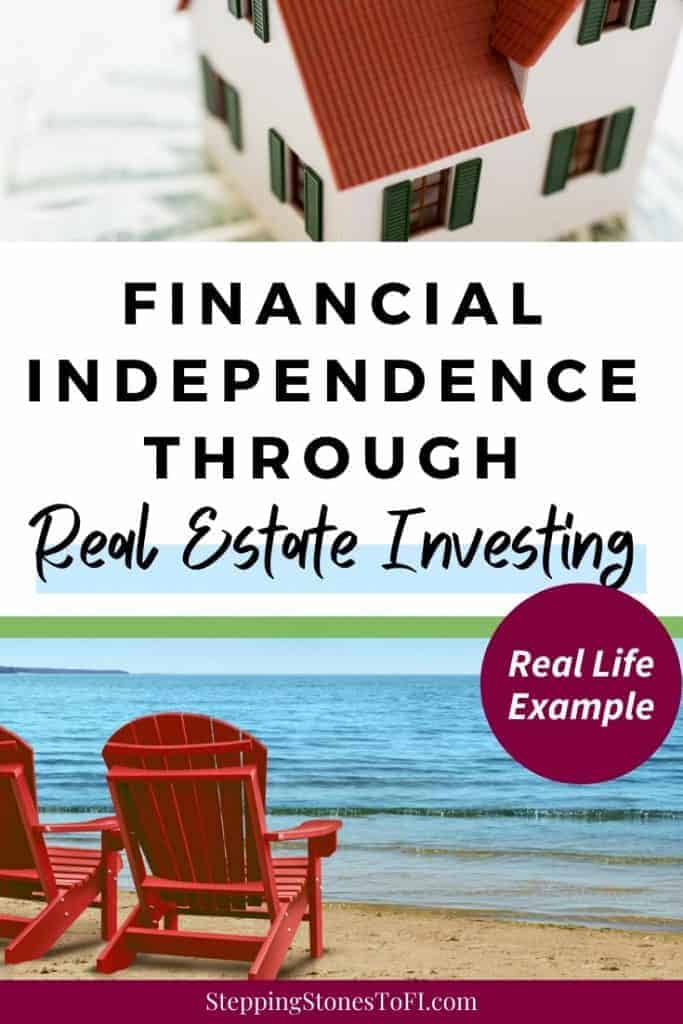 Long Pinterest image with toy house on a pile of $100 bills and two beach chairs overlooking the ocean with text "Financial Independence Through Real Estate Investing - Real life example"