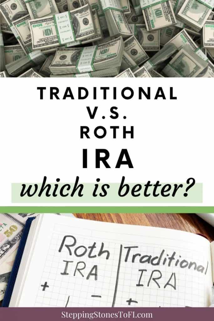 Long Pinterest image of money and open notebook with pros and cons of traditional vs. Roth IRA, which is better?