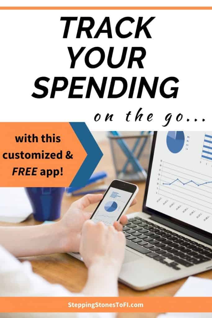 Long Pinterest pin image of a woman using budgeting app on phone and laptop and text "Track your spending on the go"