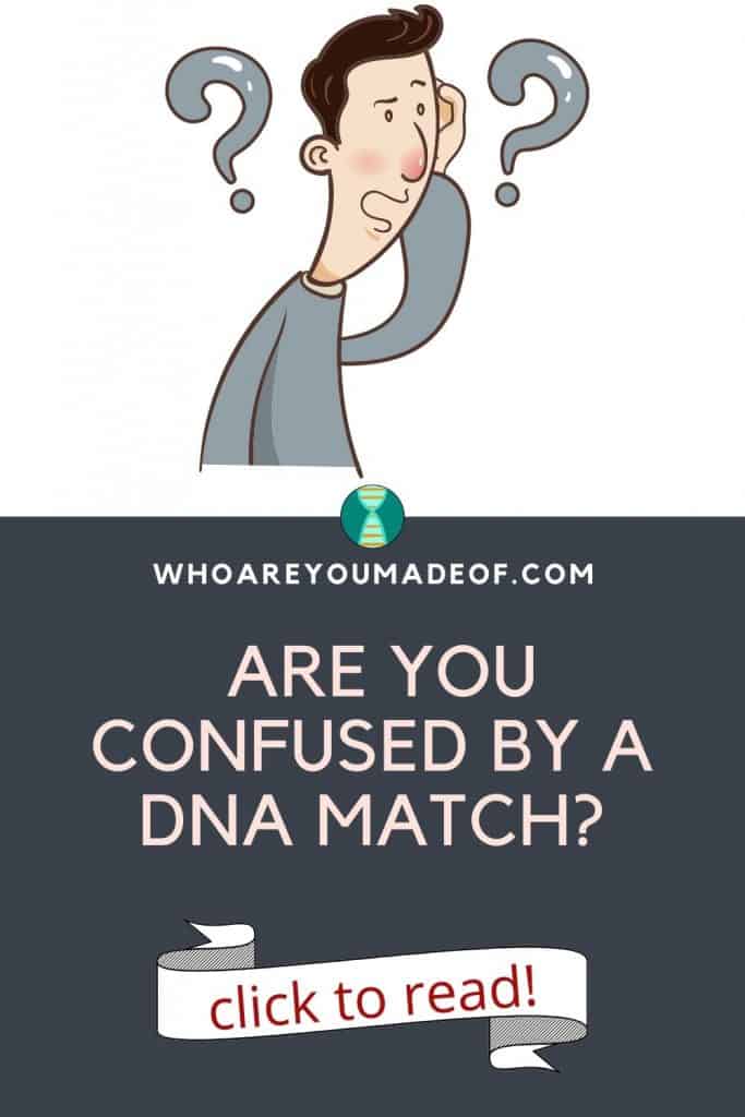 Are you confused by a DNA match? Pinterest image with a graphic of a confused man with question marks around his head