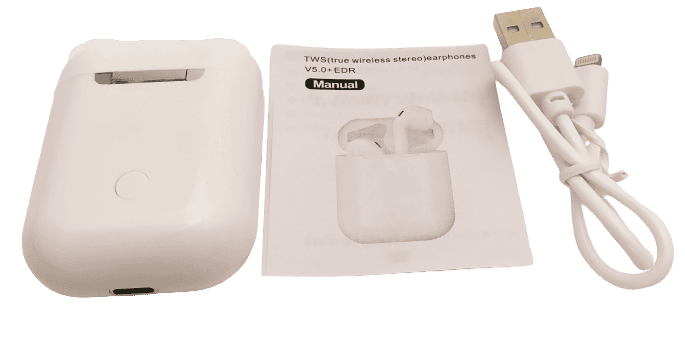 Image shows the contents of the I14 TWS Earbuds.
