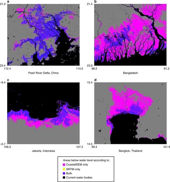 Comparative maps for modeling flood risk for (a) the Pearl River Delta, China; (b) Bangladesh; (c) Jakarta, Indonesia; and (d) Bangkok, Thailand. Maps: Kulp & Strauss, 2019.