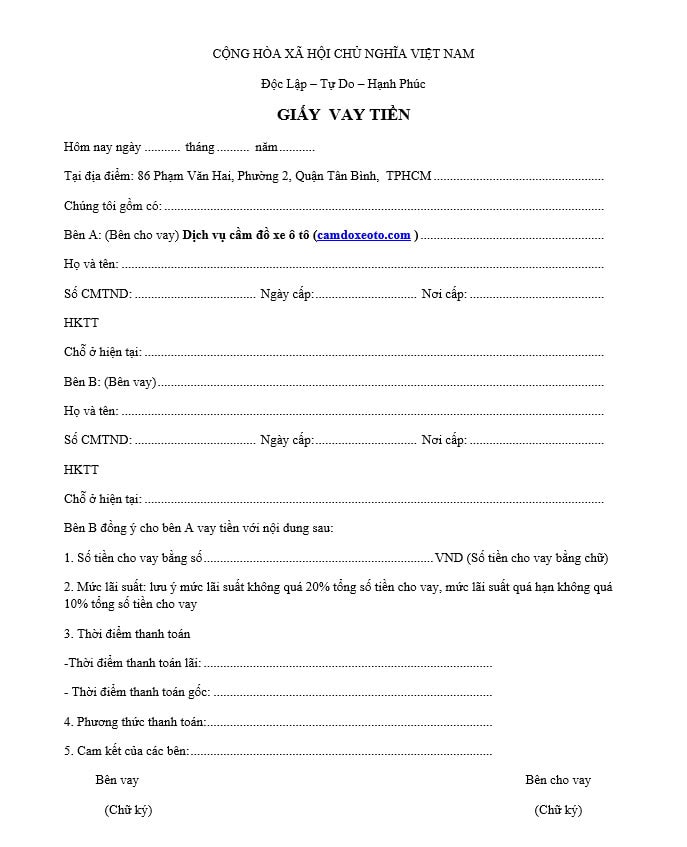 Mẫu giấy vay tiền
