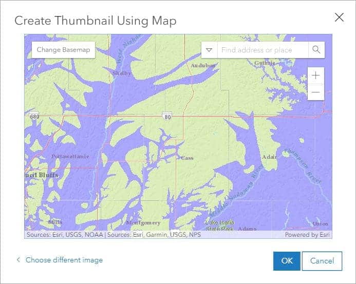 Screenshot of the create thumbnail using map function in ArcGIS Online.
