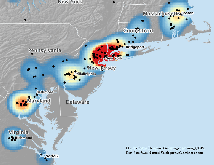 Map showing cluster of Fortune 1000 companies along the East Coast.